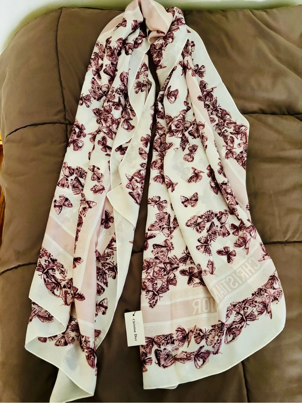 100% Silk Cream Wrap Scarf with Mauve Butterfly Print - Picture 2 of 9
